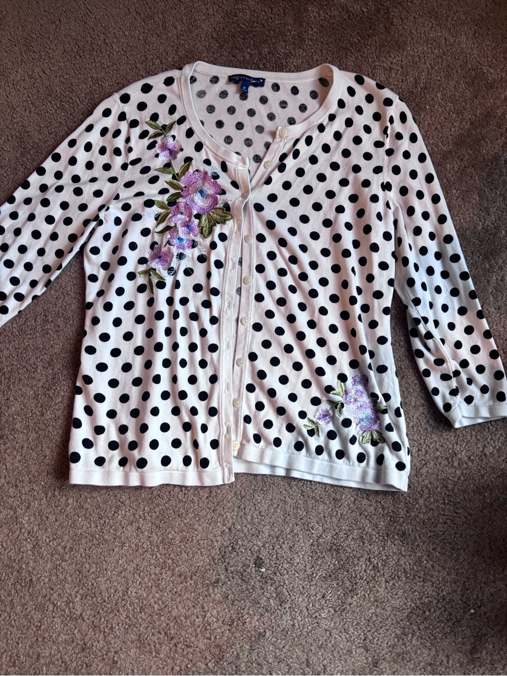 Talbots White Polka Dot Cardigan with Lavender Floral Embroidery